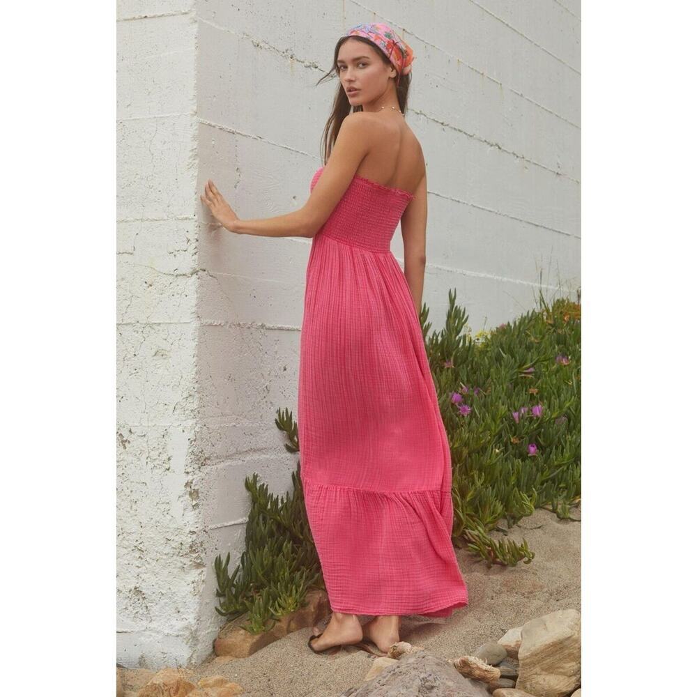 By Anthropologie Dress Womens Medium Hot Pink Maxi Tube Smocked Gauze Marisol